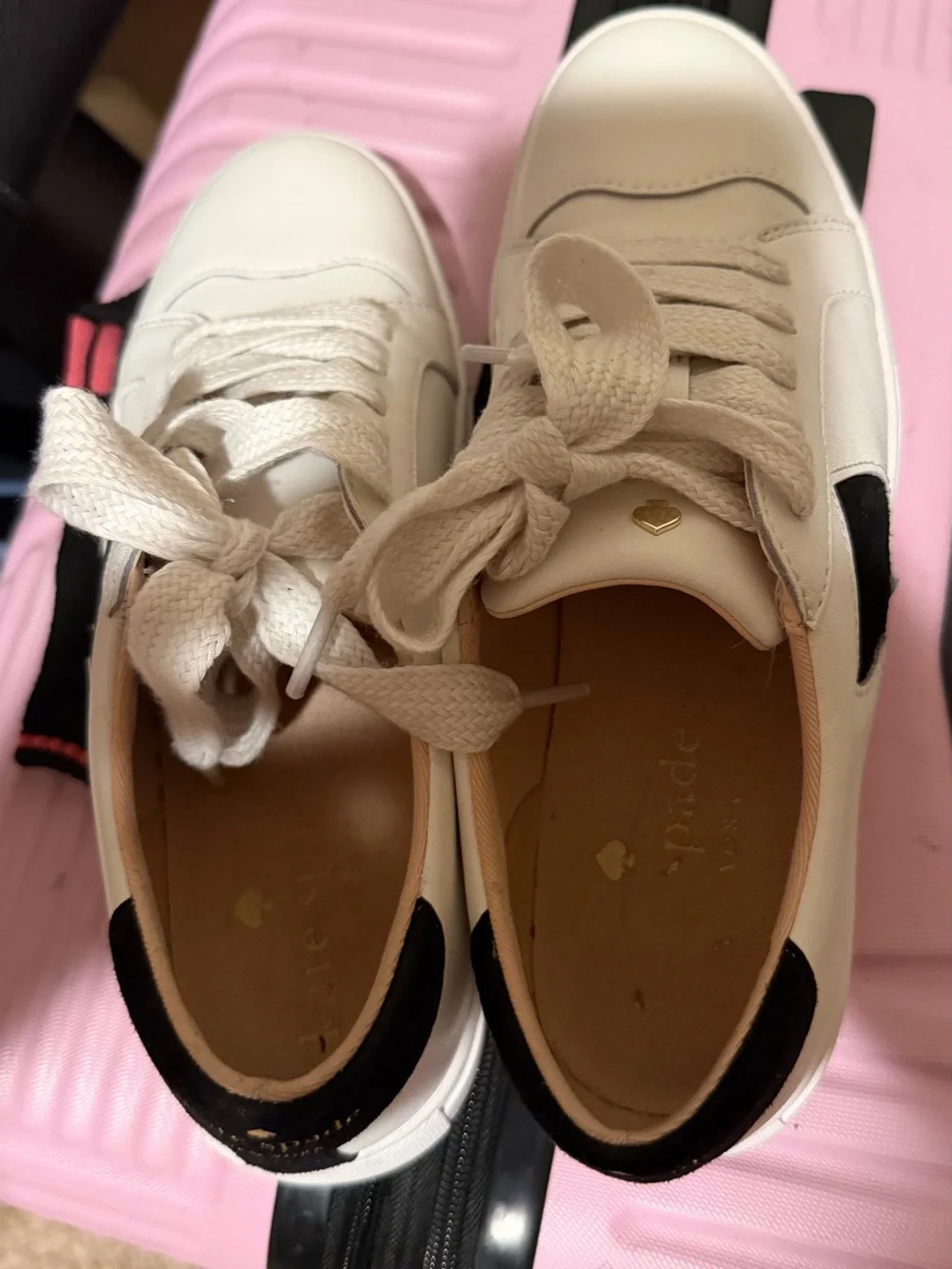 kate spade White Leather Sneakers with Black Heart Accent